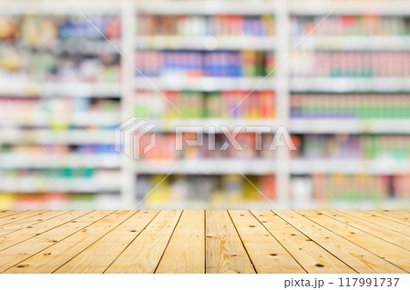 Empty wood table top with supermarket blurred background for product display 117991737