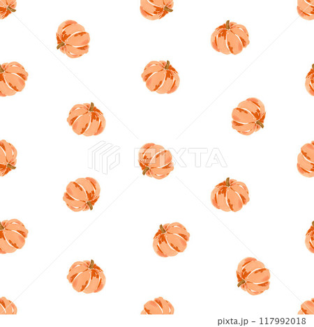 Beautiful autumn seamless pattern with hand drawn gouache pumpkin illustrations. Fall design print. Stock illustration. 117992018