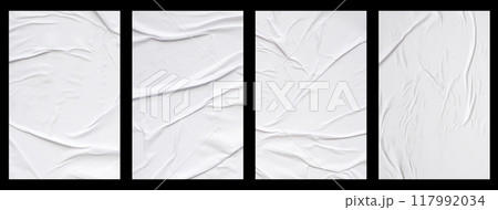 white crumpled and creased glued paper poster set isolated on black background white crumpled and creased glued paper poster set isolated on black background 117992034
