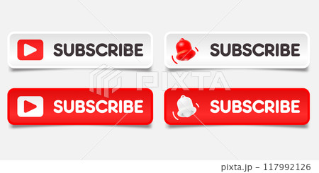 Subscribe, bell button and hand cursor. Red button subscribe to channel, blog. Social media background. 117992126