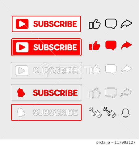 Subscribe, bell button and hand cursor. Red button subscribe to channel, blog. Social media background. 117992127