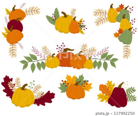A set of Autumn composition, cute hand drawn pumpkins. 117992250
