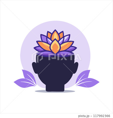 A vector illustration depicting a head silhouette adorned with a lotus flower and leaves, symbolizing harmony and mental balance. Ideal for designs related to spirituality, wellness, and mindfulness. A vector illustration depicting a head silhouette adorned with a lotus flower and leaves, symbolizing harmony and mental balance. Ideal for designs related to spirituality, wellness, and mindfulness. 117992366