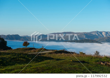 Morning mist in the mountains in a sunny autumn day 117992532