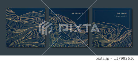 Vector set of luxury fancy golden patterns, linear style wavy cards. Art deco flow banners, wave post templates for social net, tags, covers Vector set of luxury fancy golden patterns, linear style wavy cards. Art deco flow banners, wave post templates for social net, tags, covers 117992616