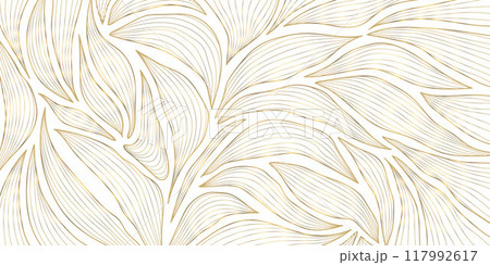 Vector art deco floral pattern, wavy luxury golden line background. Leaves texture, line design for interior, textile, poster, package, wrappers, gifts Vector art deco floral pattern, wavy luxury golden line background. Leaves texture, line design for interior, textile, poster, package, wrappers, gifts 117992617