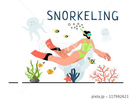 Snorkeling Adventure Vector Illustration featuring Underwater Swimming, Exploring the Sea, Coral Reefs, and Fish in a Flat Style Cartoon Background Snorkeling Adventure Vector Illustration featuring Underwater Swimming, Exploring the Sea, Coral Reefs, and Fish in a Flat Style Cartoon Background 117992621