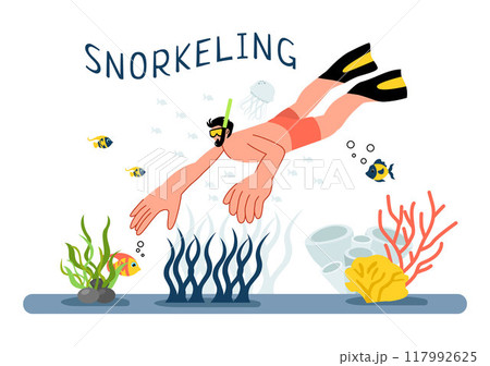 Snorkeling Adventure Vector Illustration featuring Underwater Swimming, Exploring the Sea, Coral Reefs, and Fish in a Flat Style Cartoon Background 117992625