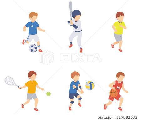 スポーツを楽しむ男の子のアイソメトリックイラスト 117992632