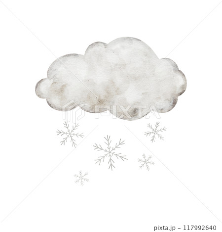 Pastel beige cartoon clouds with snow isolated on background. Hand drawn watercolor illustration or girl or boy Nursery wall art or childish educational, greeting cards, invitation. 117992640