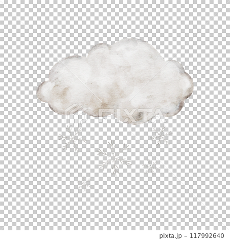 Pastel beige cartoon clouds with snow isolated on background. Hand drawn watercolor illustration or girl or boy Nursery wall art or childish educational, greeting cards, invitation. 117992640