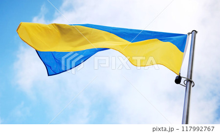 Ukrainian National Flag Unfurling Against Sky Backdrop Ukrainian National Flag Unfurling Against Sky Backdrop 117992767
