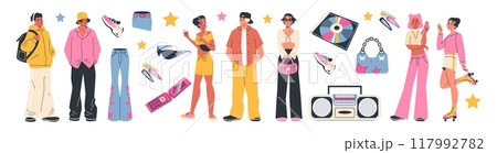 Fashionable vector set with girls and boys in stylish clothes and with Y2K technology 117992782