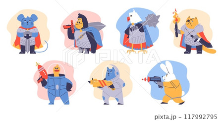 Vector illustration of animal warriors in armor, with weapons in their hands: swords, pistols, blasters 117992795