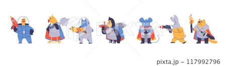 Set of vectors with fantastic animal warriors in armor, with swords, maces and blasters 117992796