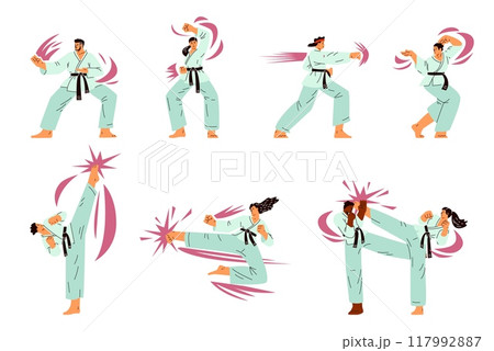Collection of characters doing karate. Flat style, isolated background. Collection of characters doing karate. Flat style, isolated background. 117992887