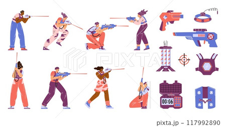 Vector set of laser tag game with players and equipment on a white background Vector set of laser tag game with players and equipment on a white background 117992890