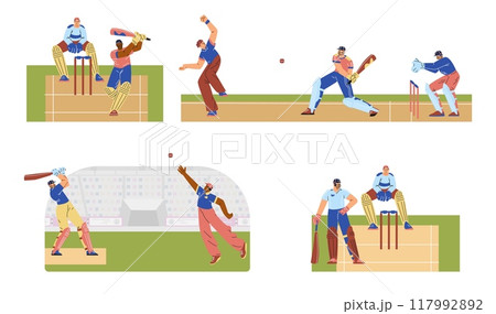 Cricket tournament in vectors: characters of the players in uniform, the moments of the match 117992892