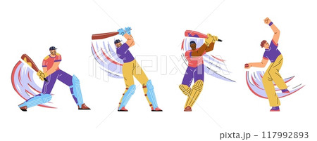 Batsman and bowler playing cricket vector set, cartoon championship sport game, cricket players in uniform with bat, ball Batsman and bowler playing cricket vector set, cartoon championship sport game, cricket players in uniform with bat, ball 117992893