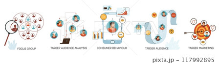 Target audience analysis, consumer behaviour, focus group, target marketing vector set, cartoon diversity people icons 117992895
