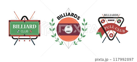 Billiards logo design vector set, cartoon billiard ball emblem with laurel wreath, pool table, cues triangle, club game 117992897