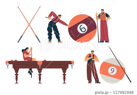 Miniature billiard players with giant billiards objects. 117992898