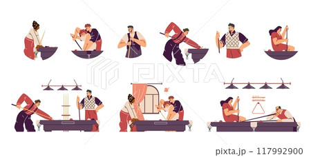Cartoon billiard players, isolated and indoor scenes. Vector illustration in flat style. 117992900