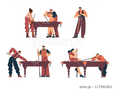 Billiards game competition vector flat set, players in pool room with cue aiming at billiard balls, hobby entertainment 117992901