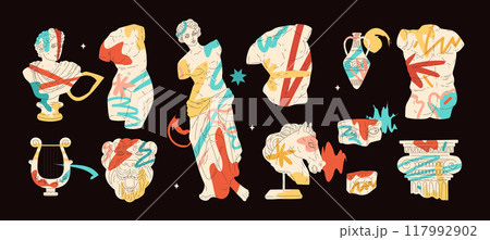 Vector set of Greek sculptures: Venus de Milo, male torso, bust, harp and much more Vector set of Greek sculptures: Venus de Milo, male torso, bust, harp and much more 117992902