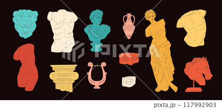 Ancient sculptures body figure, lion horse head statue vector collection set, stone antique columns Greek art exhibition 117992903