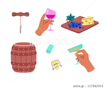 Vector set of icons with hands holding glasses of wine and champagne, grapes and cheese Vector set of icons with hands holding glasses of wine and champagne, grapes and cheese 117992915