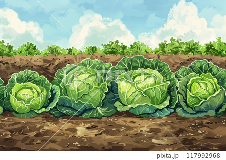 On a farm plantation, cabbages thrive with lush green leaves, each head glistening with drops of morning dew, promising a fresh and bountiful harvest, illustration 117992968