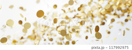 Golden confetti, suspended in mid-air against a crisp white background, creates a scene of celebration. The floating, shimmering particles reflect light, enhancing the festive mood, banner 117992975
