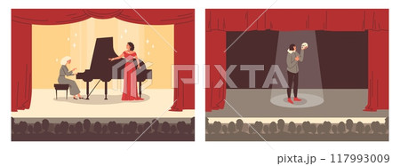 Pianist, opera singer, and actor on stage vector illustration Pianist, opera singer, and actor on stage vector illustration 117993009