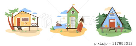 Wooden house on the beach, river, forest vector set, dwelling hut, bungalow lodge in nature, raised cottage building Wooden house on the beach, river, forest vector set, dwelling hut, bungalow lodge in nature, raised cottage building 117993012