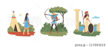 Native American Indian warrior woman with axes, Amazon archer soldier, Spartan fighter with spear vector cartoon set Native American Indian warrior woman with axes, Amazon archer soldier, Spartan fighter with spear vector cartoon set 117993019