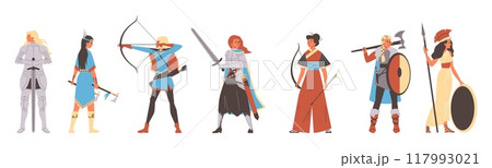 Vector set of female warrior characters with includes Greek Amazon archers, Indian hunters and Scandinavian warriors in armor 117993021