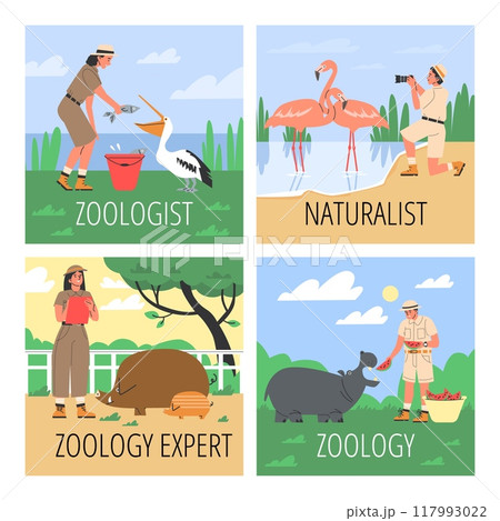 Set of squared banners about zoology flat style, vector illustration 117993022