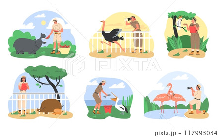 Zoologists and animals vector illustration set 117993034