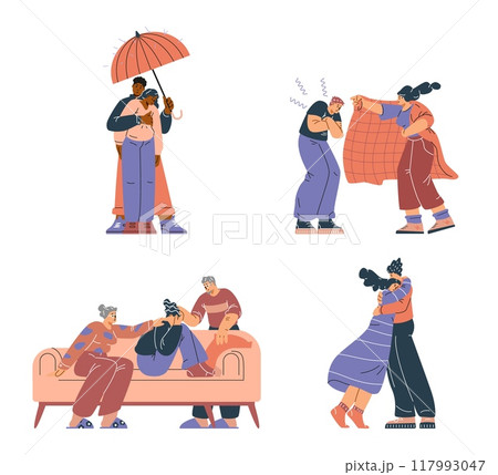 Illustrations of characters showing compassion, care, and love for a friend coping with sadness and loneliness. Illustrations of characters showing compassion, care, and love for a friend coping with sadness and loneliness. 117993047