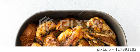 Baked chicken with pears and thyme Baked chicken with pears and thyme 117993182