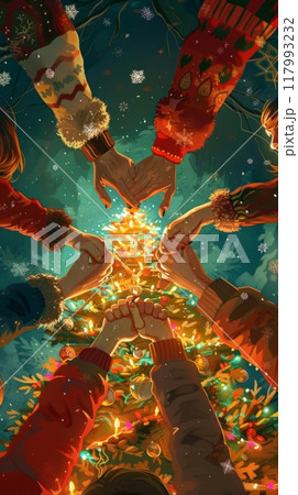 Gathered around the adorned Christmas tree, friends and family hold hands in a symbol of togetherness and love, creating a memorable moment filled with warmth and festive cheer 117993232