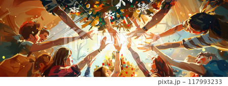 In a touching display of unity, friends and family form a circle around the festive Christmas tree, their hands joined in celebration of tradition and the joyous spirit of the holiday season, banner 117993233