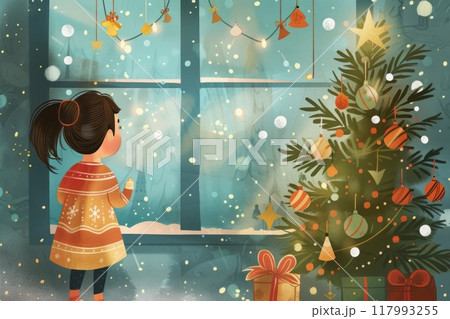A young girl gazes at a Christmas tree in a cozy room filled with festive decorations, evoking warmth and holiday joy with twinkling lights and seasonal ornaments A young girl gazes at a Christmas tree in a cozy room filled with festive decorations, evoking warmth and holiday joy with twinkling lights and seasonal ornaments 117993255