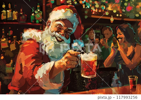 A Santa-clad bartender pours a drink with a big smile, spreading festive cheer and embodying the joyful spirit of Christmas in a lively bar setting, creating a merry and memorable celebration 117993256
