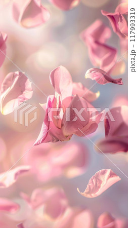 Against a soft blue sky, pink rose petals drift gently, crafting a peaceful and enchanting moment that highlights the natural elegance of the floating petals 117993319