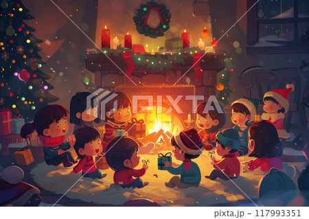 Gathered around a cozy fireplace, children and adults exchange gifts and sing Christmas carols, sharing warmth and festive joy in a heartwarming holiday tradition Gathered around a cozy fireplace, children and adults exchange gifts and sing Christmas carols, sharing warmth and festive joy in a heartwarming holiday tradition 117993351