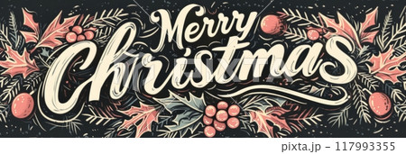 A retro Christmas card features vintage colors and elegant typography, with cursive script proclaiming Merry Christmas at its center, evoking nostalgia and holiday cheer in a classic design A retro Christmas card features vintage colors and elegant typography, with cursive script proclaiming Merry Christmas at its center, evoking nostalgia and holiday cheer in a classic design 117993355