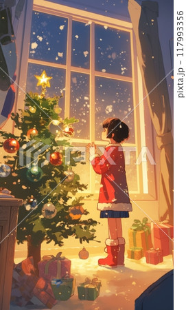 Standing by the window, a child marvels at the decorated Christmas tree in a warm, inviting room adorned with festive lights and cheerful holiday ornaments Standing by the window, a child marvels at the decorated Christmas tree in a warm, inviting room adorned with festive lights and cheerful holiday ornaments 117993356