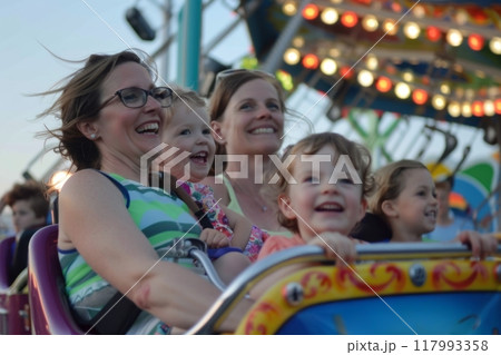 Mom, dad, and kids enjoy rides together, laughter echoing through the air, creating cherished family memories at the amusement park 117993358